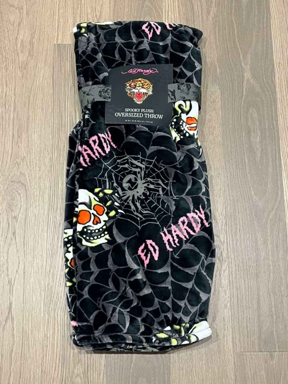 ED HARDY Black Plush Throw Blanket 60x70 Y2K Tattoo Spiderweb Skulls Halloween